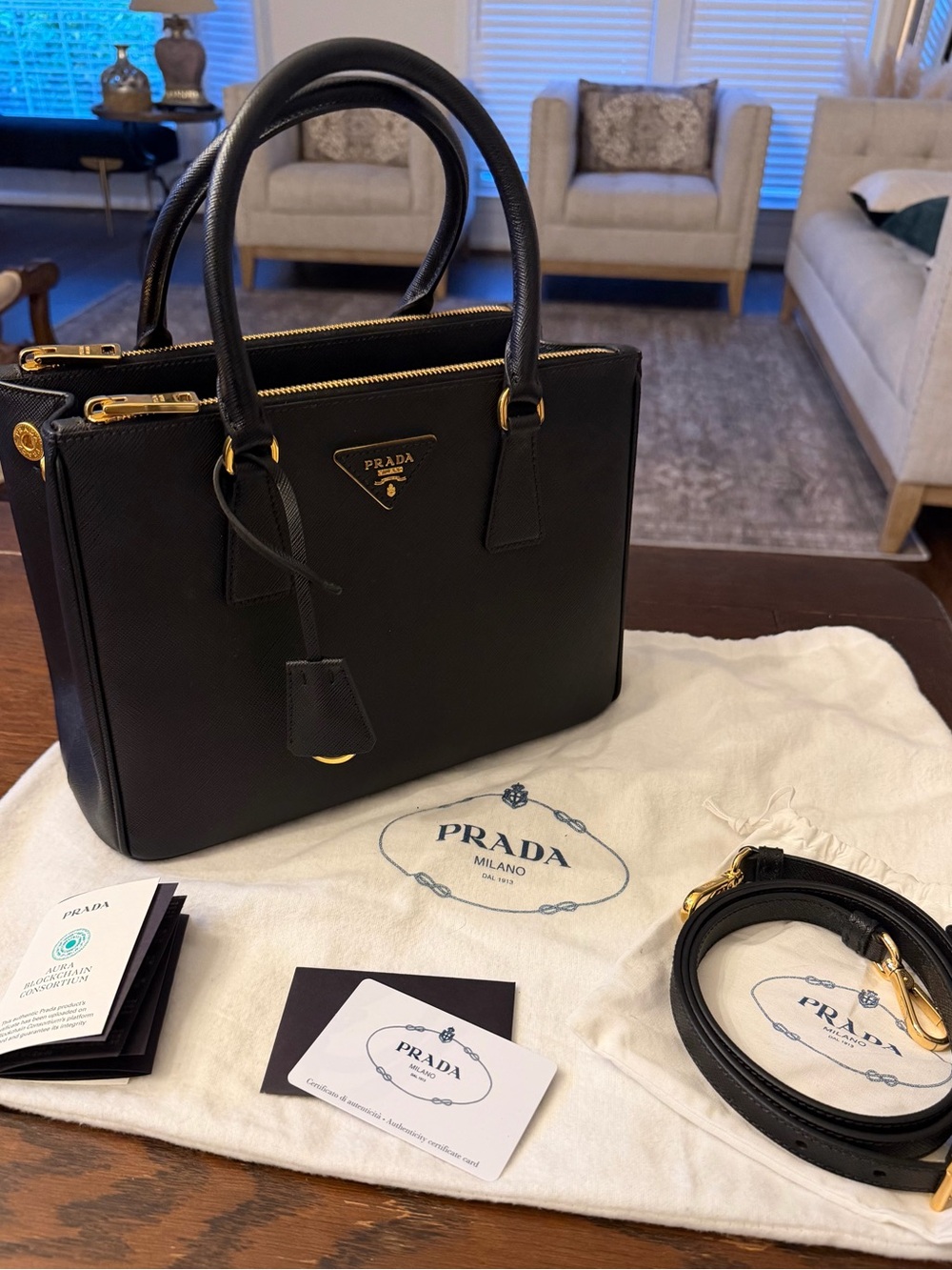 Prada Black Saffiano Leather Double-Compartment Satchel with Gold Hardware